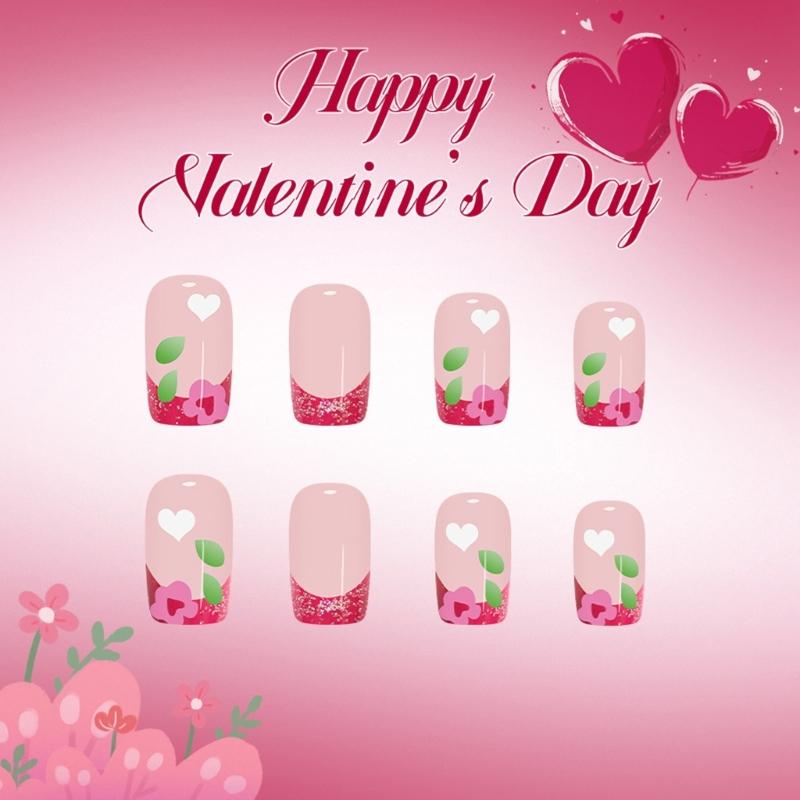 24Pcs Valentines Glitters Sparkling Heart French False Nail Short Square Press On Nail Pink Blush Flame Design Easy Application Multiple Sizes