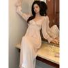 Spring and Summer Sexy Ice and Snow Silk Long Chest Pad Nightdress Women's Thin Sweet Lace Court Style Gentle Niche V-neck