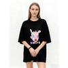Oversized T Shirt Black Punk Style Graphic Print With Rabbit Ears And Colorful Face Art For Casual Wear