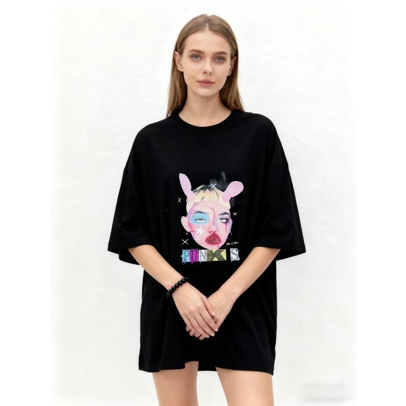 Oversized T Shirt Black Punk Style Graphic Print With Rabbit Ears And Colorful Face Art For Casual Wear