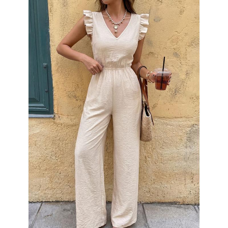Summer Women's Jumpsuit V Neck Ruffle Sleeveless High Waist Wide Leg Pants Casual Elegant Back Bow Tie One Piece Outfits for Vacation