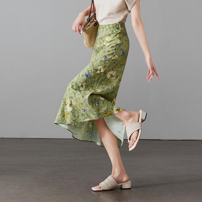 SOFSIL Women's Linen Blend Floral A-Line Skirt
