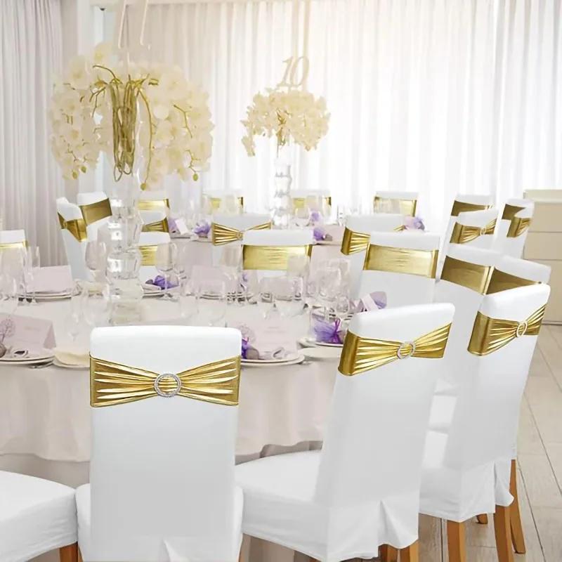 50pcs/Lot Metallic Gold Silver Chair Bands Wedding Chair Decoration Spandex Chair Sashes Bow For Party Event Hotel Banquet Home