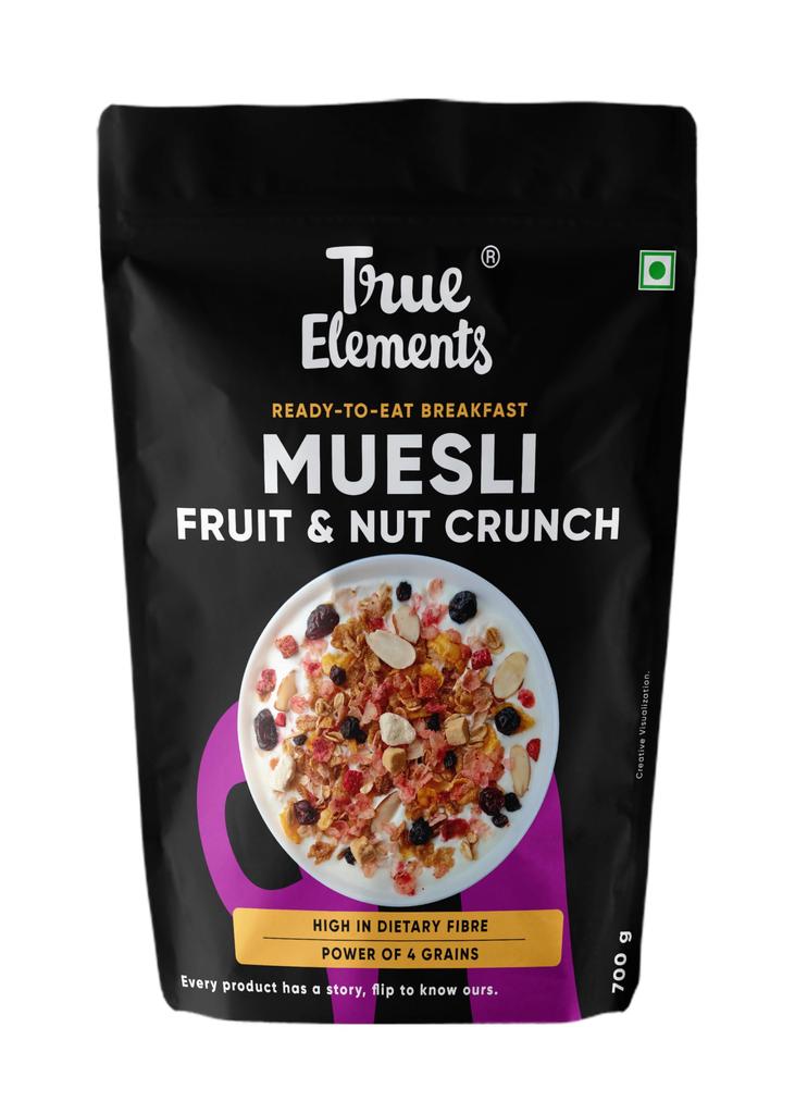 True Elements Obst & Nuss Crunch Müsli 700g | Obst und Nüsse | Cerealien für das Frühstück | Reich an Ballaststoffen | Müsli mit Haferflocken und Nüssen