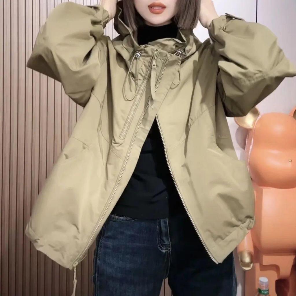 Women's Versatile Loose Fit Double Zipper Hooded Windbreaker - Plus Size Casual Jacket 2025 Autumn Collection
