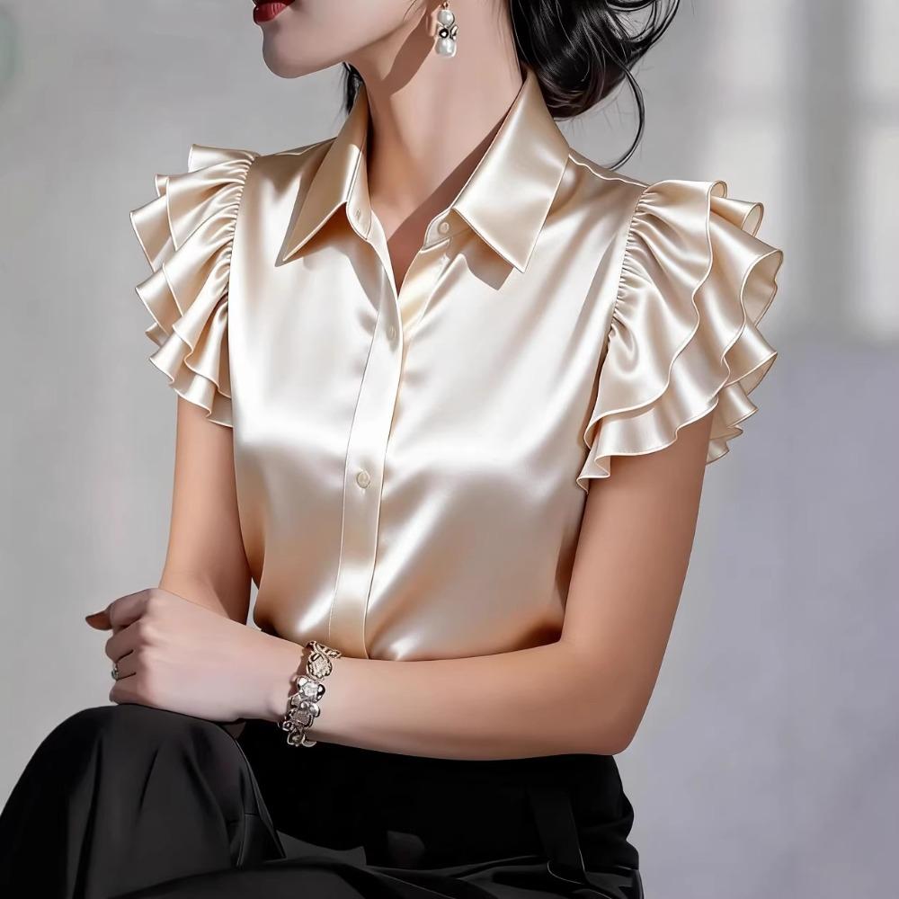 Summer new satin ruffle edge short-sleeved women's solid color casual shirt