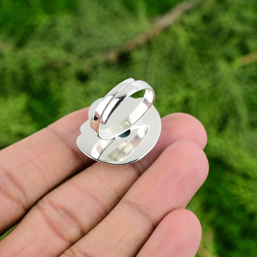 925 Sterling Silver Natural Larimar Statement Flower Throat Chakra Ring Jewelry