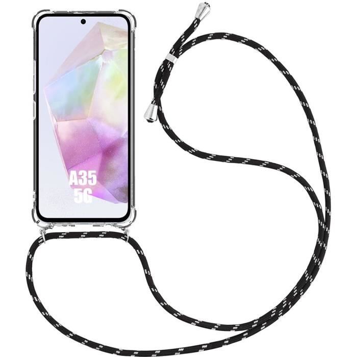 Coque pour samsung galaxy a35 5g - protection antichoc - silicone transparent - bandoulière ajustable - noir