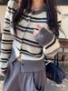 Korean Striped Wool Knit Cardigan for Women - Petite Loose Fit, Round Neck, Early Autumn Sweater Coat