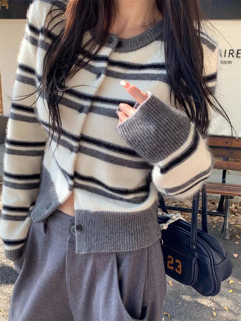 Korean Striped Wool Knit Cardigan for Women - Petite Loose Fit, Round Neck, Early Autumn Sweater Coat