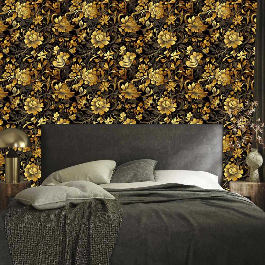 Golden Hibiscus Wallpaper Ochre, Yellow and Gold for Living Room and Bedroom 50x1000