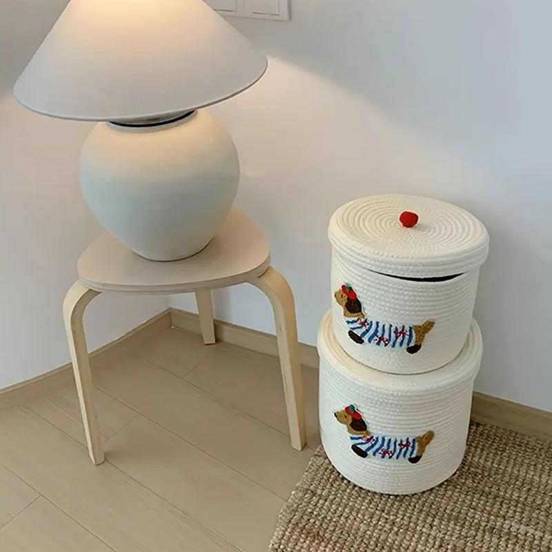 Cute Puppy Storage Basket Woven Cotton Rope Frame Large Capacity With Lid Dustproof Storage Bucket Desktop Dustproof