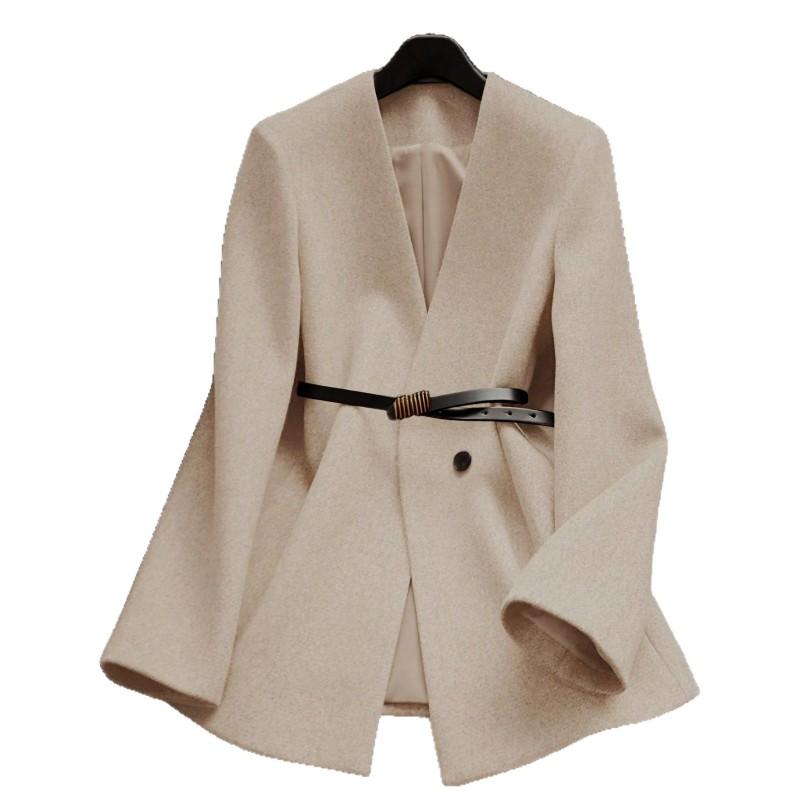Womens Stand Collar Waist-Cinched Mid-Length Coat With Lining Elegant Office Wear 2026