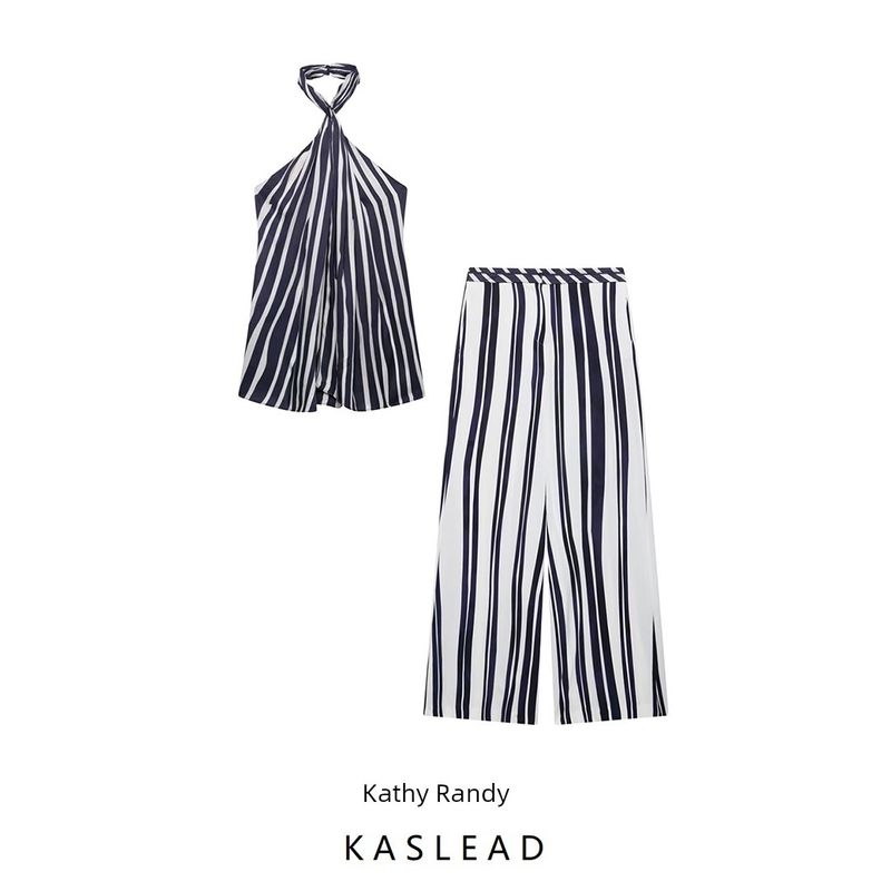 Kaslead New Arrival Women's Clothing Fashion Style Stripes Hanging Collar Tops Casual Pants 2906096 2913097