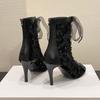 Fashion Women's Slim Heel Single Boots Spring New Round Head Open Toe Front Lacing Back Zipper Anti-slip Wear-resistant High Heels