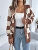 Fall/Winter Color Block Plaid Lantern Sleeve Cardigan Sweater Long Outerwear for Women