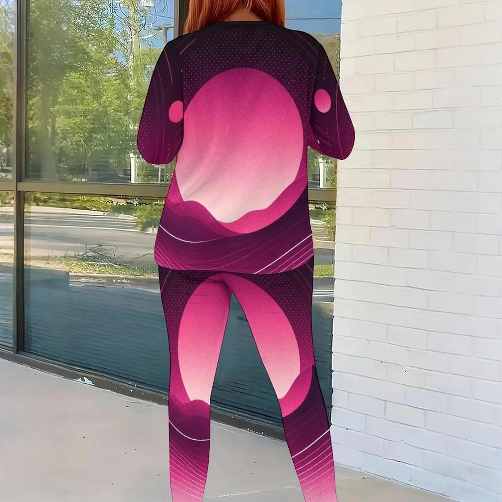 Women Plus Size Two Piece Set Round Neck Long Sleeve Printed Top And Fitted Pants Pink Purple Black