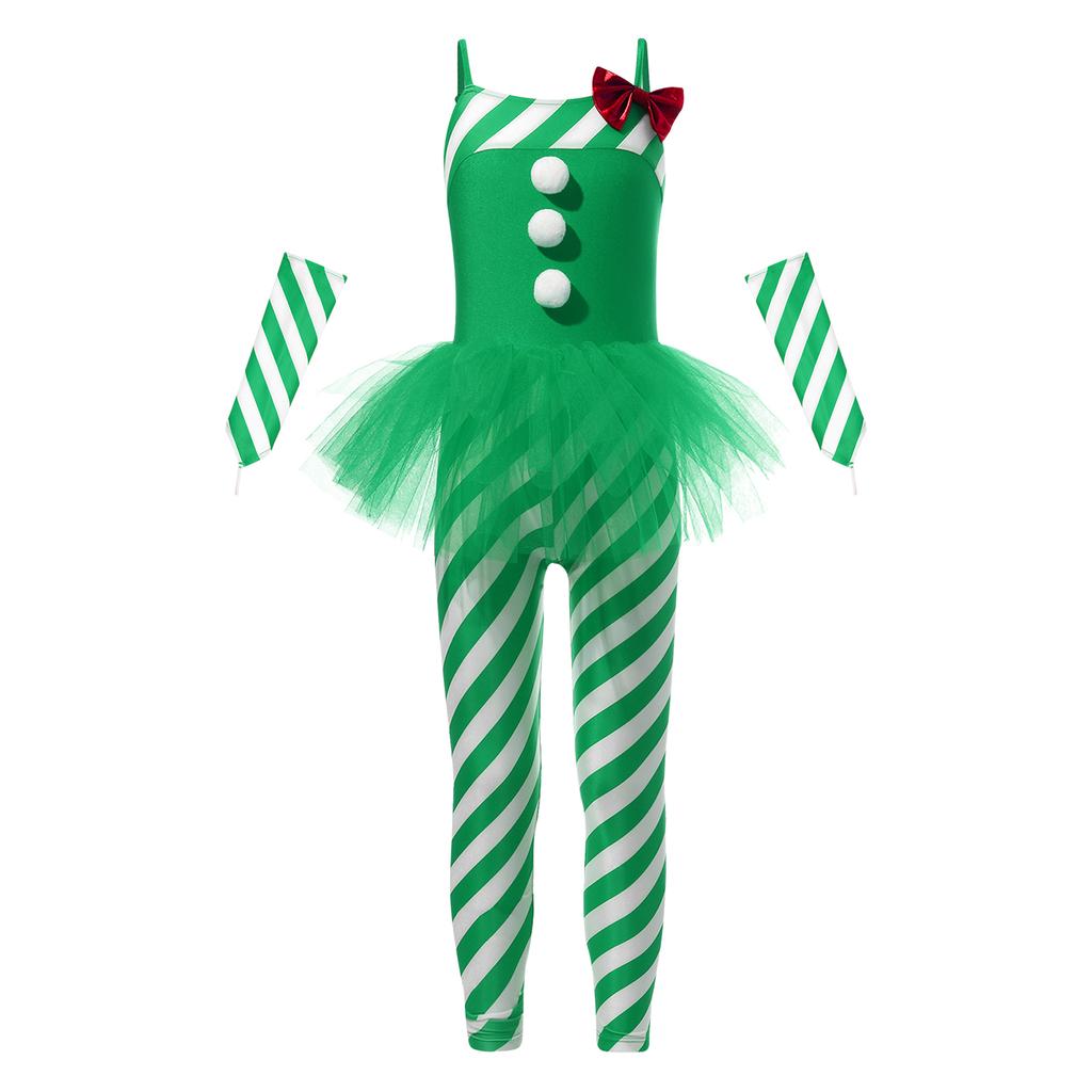 Girls Christmas Candy Cane Costume Sleeveless Striped Tulle Peplum Jumpsuit Santa Claus Dancewear Arm Sleeves