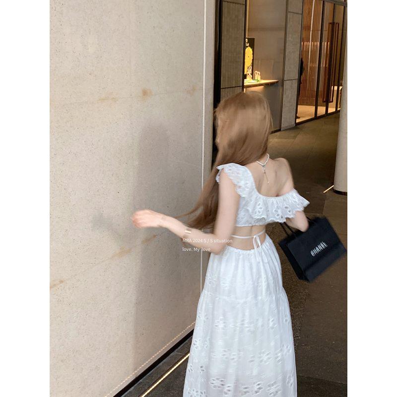 Kumikumi French Sweet Girl Style New Arrival off-the-Shoulder White Dress Women's Summer Waist Slimming A- line Skirt Long Dress