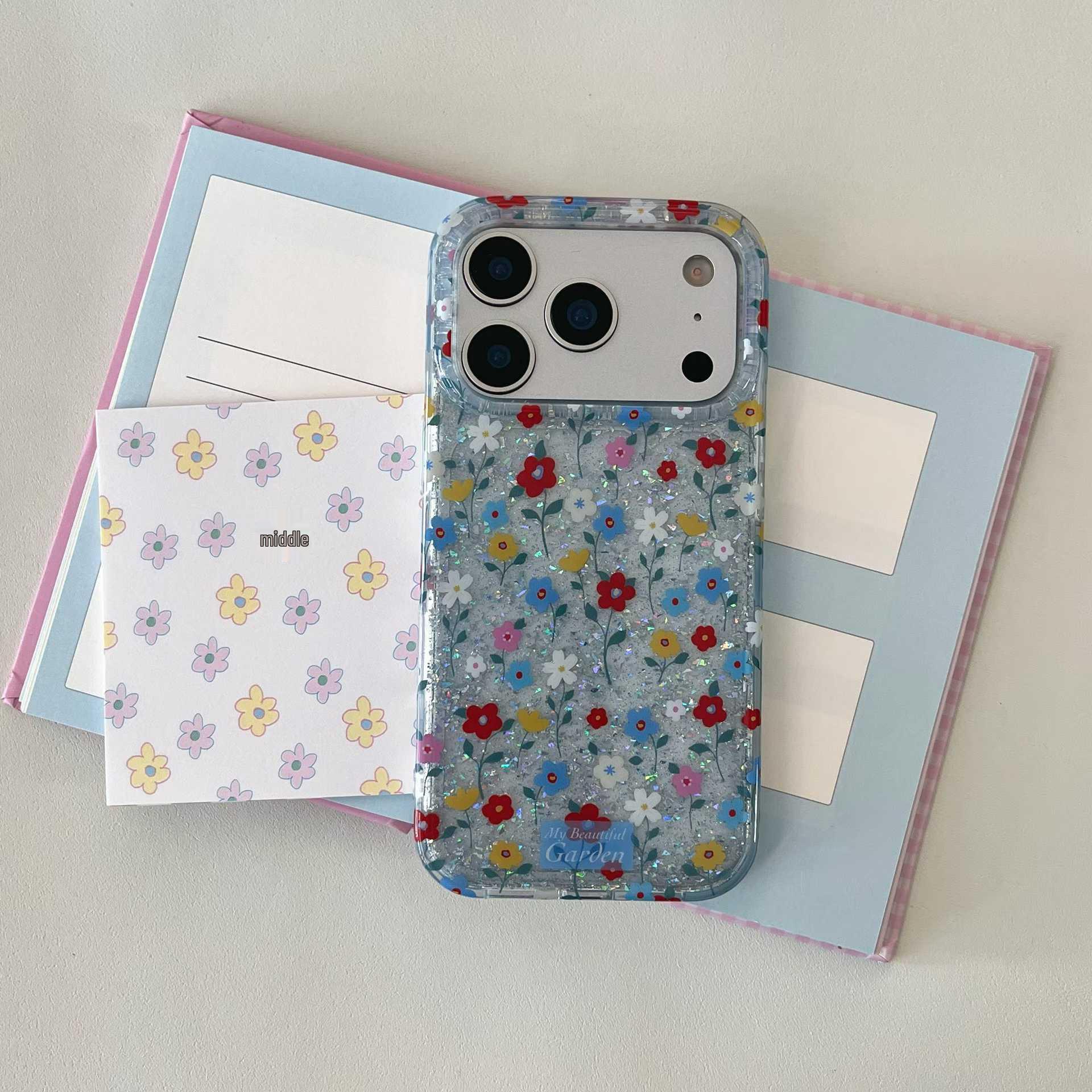 Spring Fresh Floral Glitter Blue Case for iPhone 14/15/16/17 Pro Max iPhone 16 Pro Max