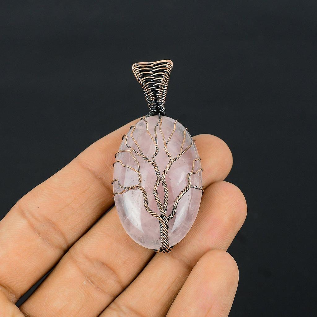 Rose Quartz Jewelry, 999 Copper Wire Wrapped Pendant Handmade Gemstone Jewelry, Gifts For Wife Brand New Pendant