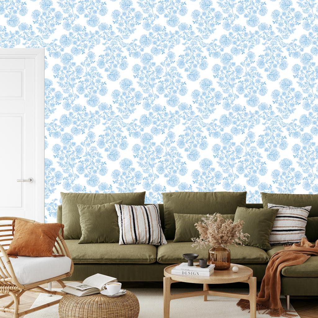 Azure and White Flowers Wallpaper for Living Room and Bedroom 50x1000