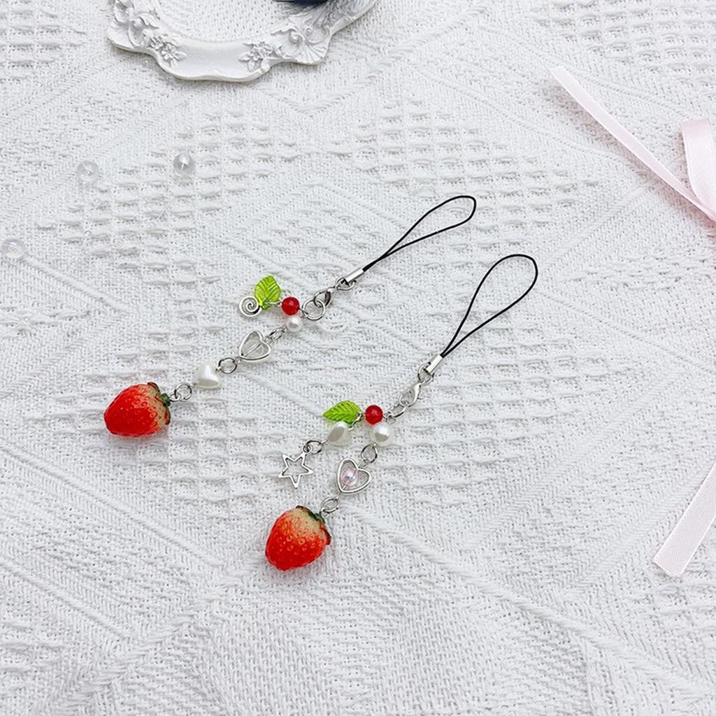 Sweet Strawberry Heart Star Charm Pendant Chain Phone Strap Pocket Keychain Strap Hangings Decoration for Key Bag Purse