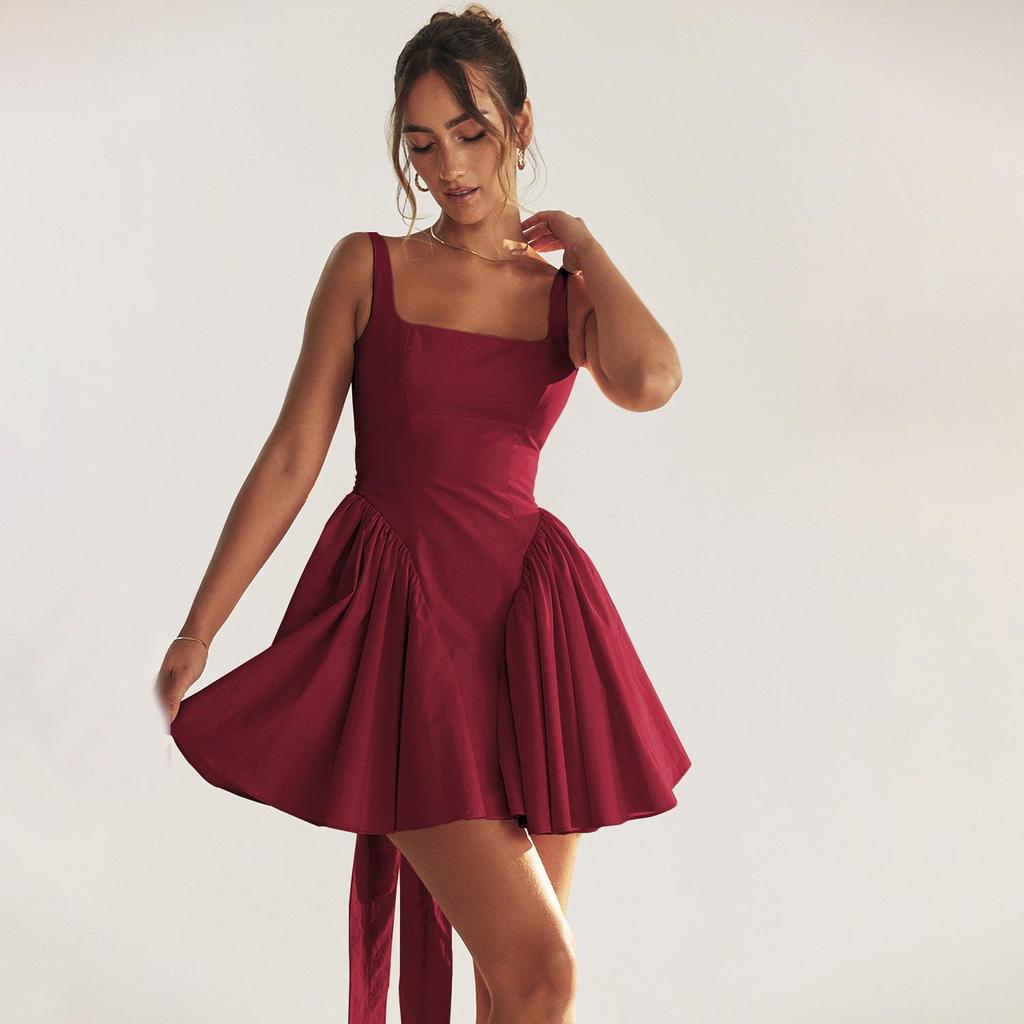 Femei Design Sense fără spate rochie mini cu bretele spaghete, cu decolteu în V, talie înaltă, solidă