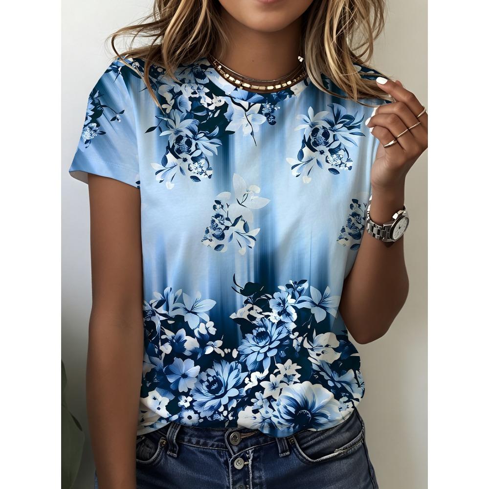 Summer fashion women s blue gradient floral print round neck T-shirt 2XS