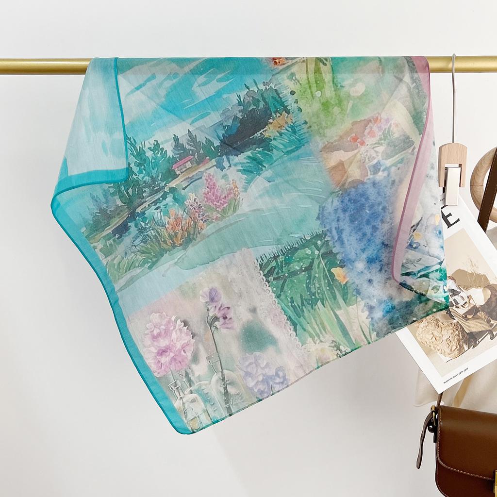 Sommer Leicht Und Atmungsaktiv 65 * 65cm Kleines Quadratisches Tuch Modisches Ausländisches Stil Muster Maulbeerseide Baumwolle Mischgewebe Damen Seidentuch