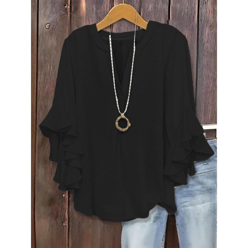Fashion V-neck Loose Women Blouse Casual Plus Size Ruffled Seven Quarter Sleeve Shirt Spring Autumn Solid Color Sweet Simple Sweet Women's Clothing