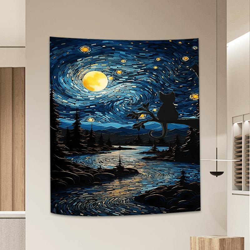 Black Cat Floating Lilie Lotus Lake Starry Night Tapestry Room Decoration Home Decor Bedroom Wall Hanging Fabric