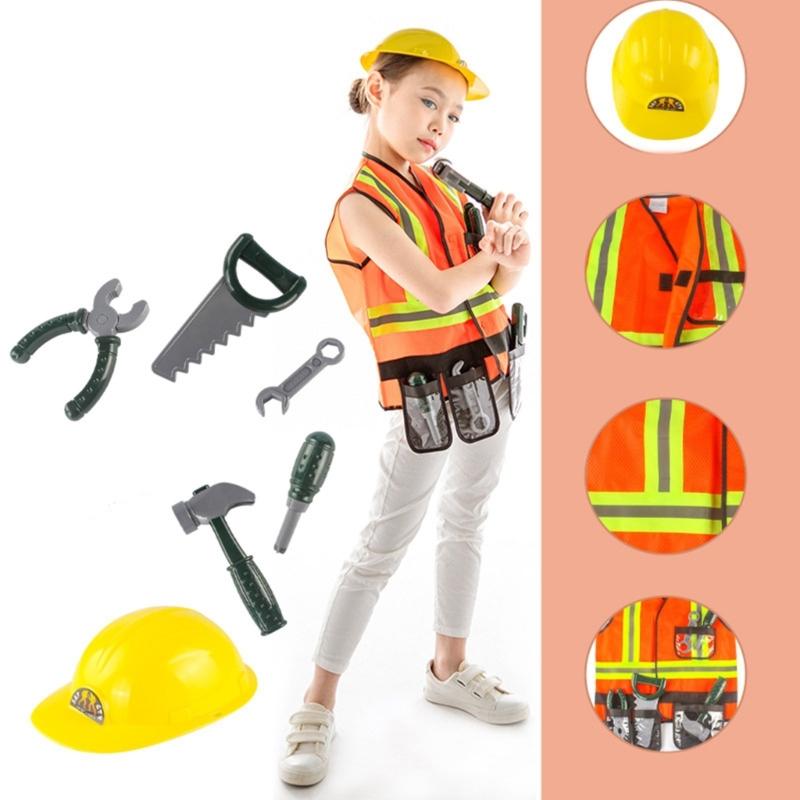 7Pcs Construction Worker Costumes for Boys,Toddler Dress Up Clothes,Kids Builder Career Outfit,Pretend Role Play Toy Set