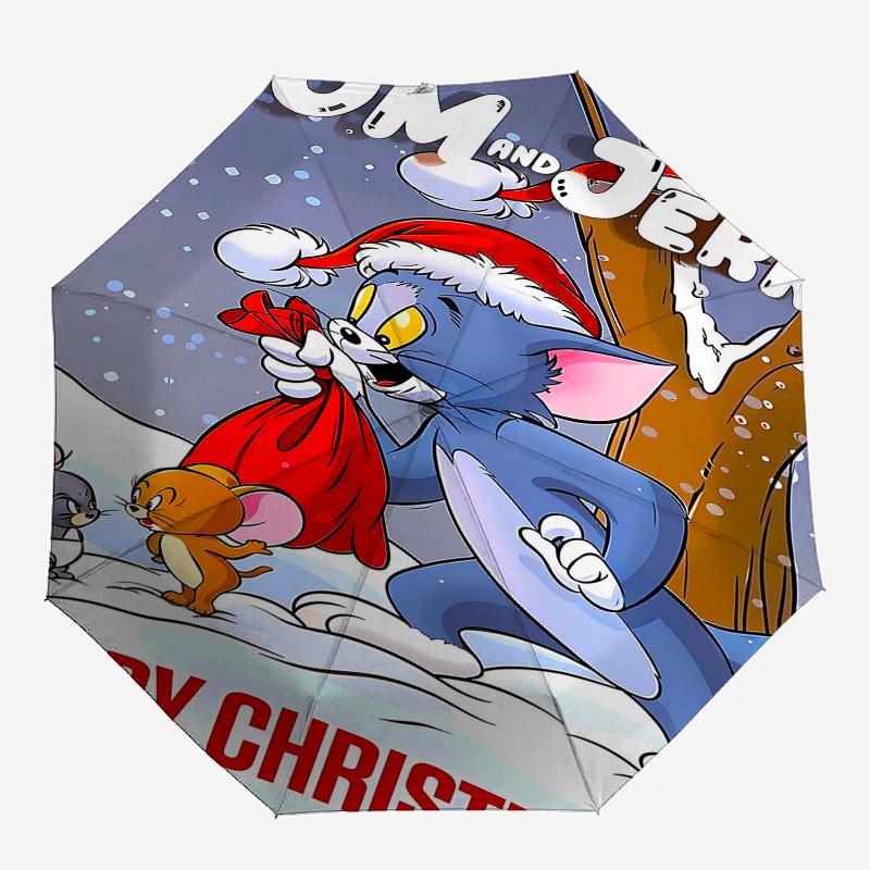 

1pc Tom and Jerry Merry Christmas Automatic Folding Umbrella - Compact 8-Rib Design, Durable Plastic & Iron1066L
