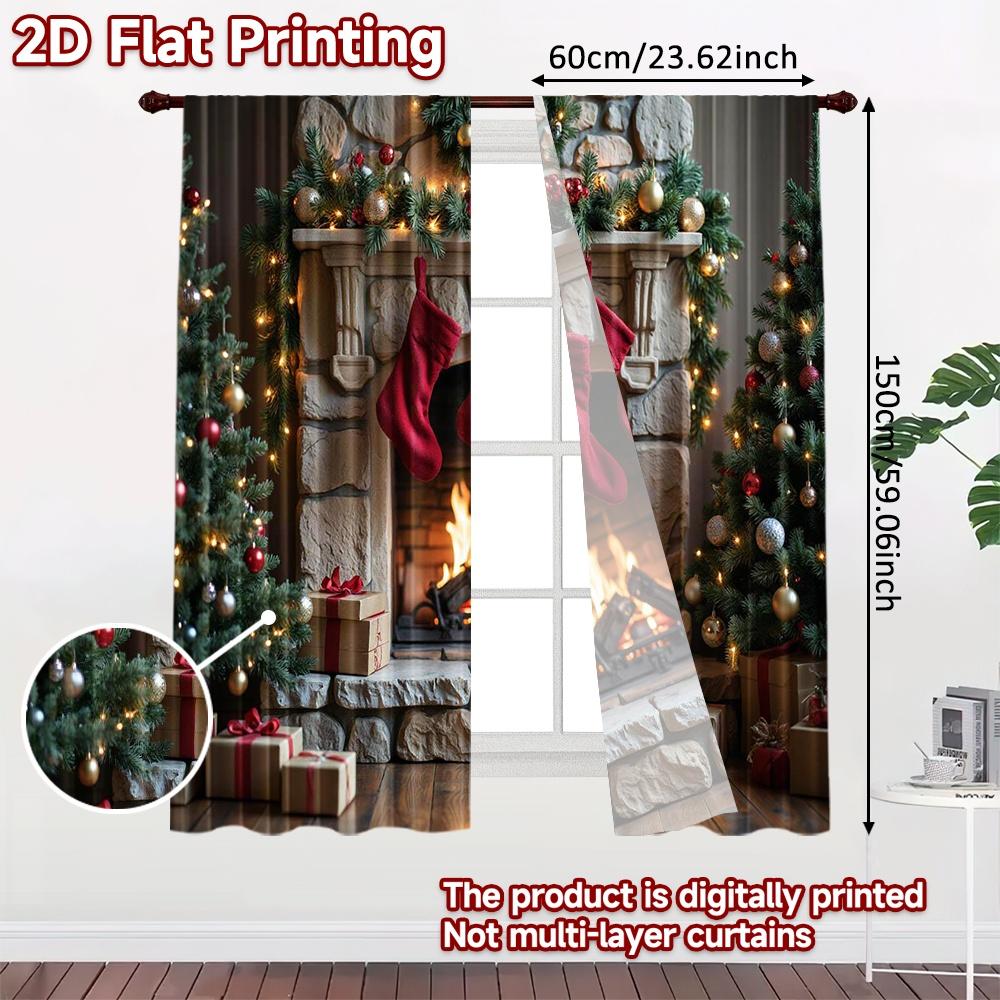 2pcs 2D flat printing Merry Christmas Window Curtains Day Christmas Fireplace Scene11 Machine Washable Polyester Without