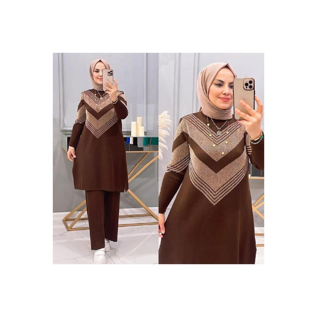 Damen-Tunika-Strickpullover mit langem Rundhalsausschnitt und selbstsilbrigem Muster