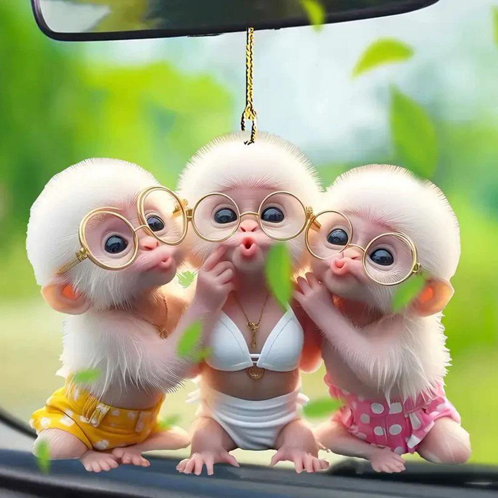 2D Monkey-Shaped Car Pendant Hanging Ornament with Chain Realistic Animal Rearview Mirror Hanging Decor Car Interior Accessories