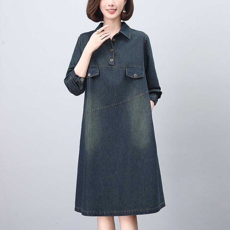 2024 Spring/Autumn Mid-Length Denim A-Line Shirt Dress with Long Sleeves