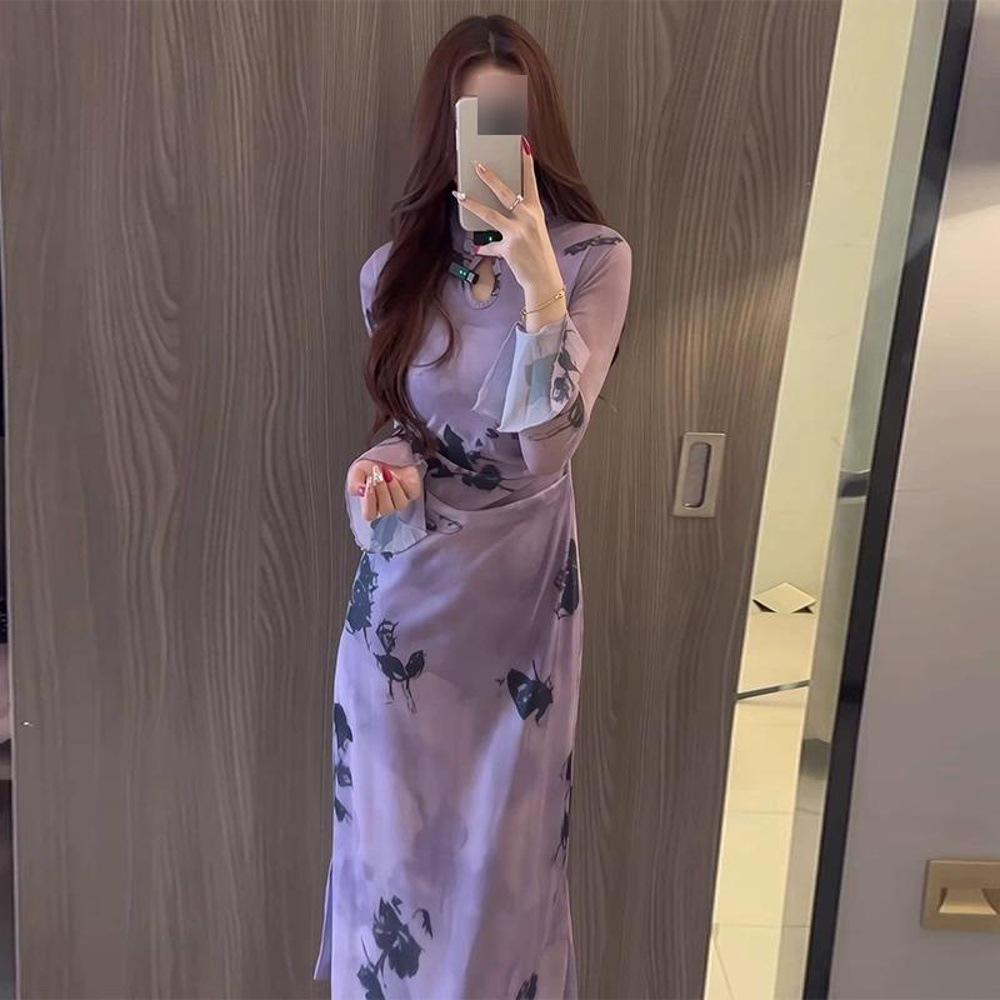 

Purple Floral Cheongsam - Women s Elegant National Design, Long Sleeve, Waist-Slimming Dress S