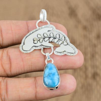 925 Sterling Silver Pear Natural Larimar Daughter Fish Birthday Trendy Pendant