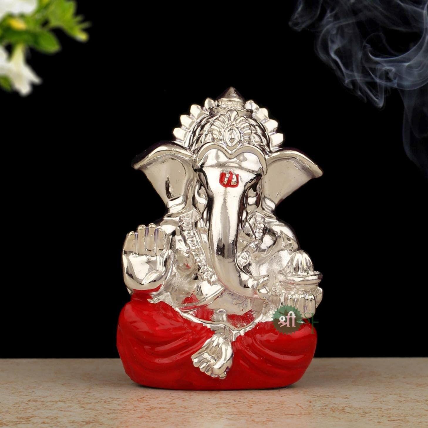 

Hand Carved Silver God Ganesha Resin Idol Sculpture Statue Murti for Office & and Home Décor & Gifts (3x2x5.5cm, Red)