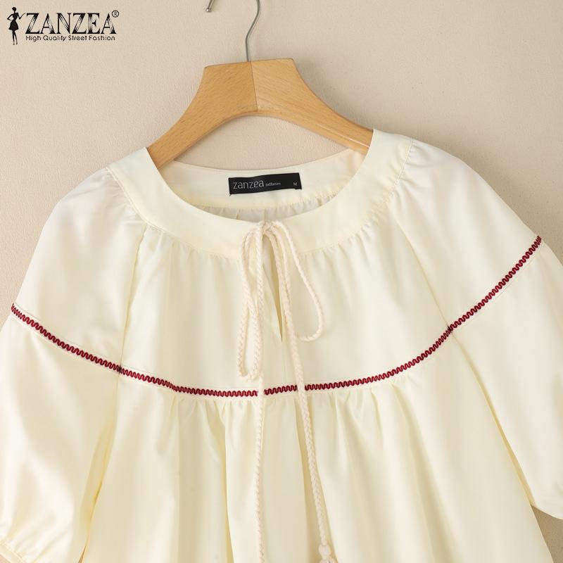 ZANZEA Women Casual Round Neck Loose Summer Half Sleeve Blouse