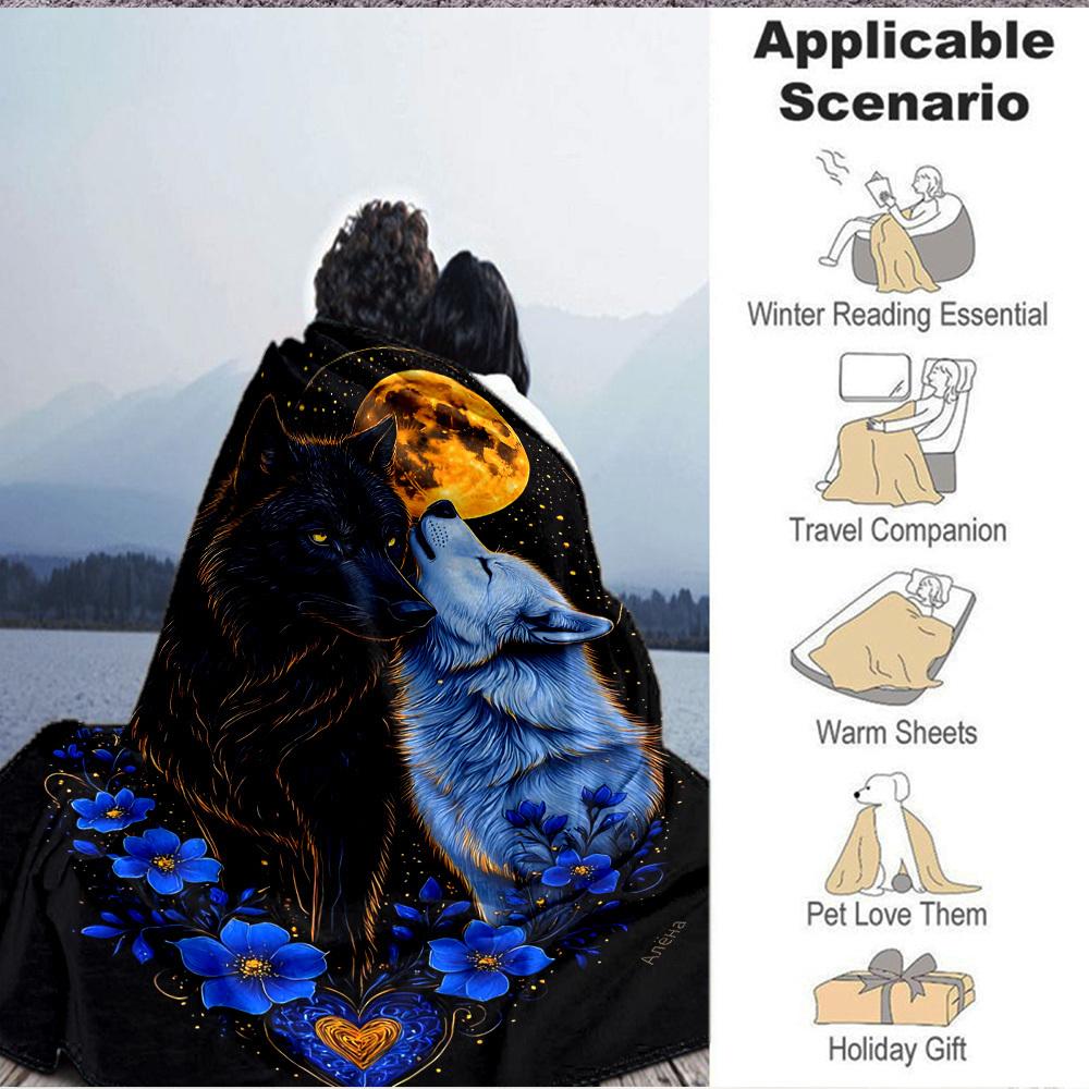 1pc Wolf Moon Night Heart Blanket Lightweight Flannel Blanket Throw Blanket For Sofa, Bed, Travel, Camping yy2509026200
