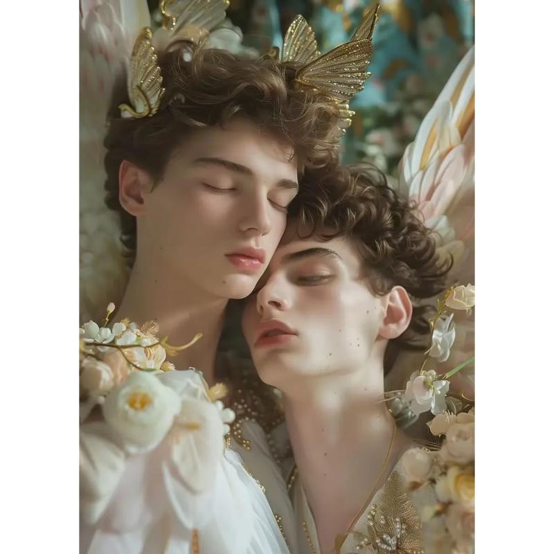 Two European Boys Wearing Wings Poster Handsome Gay Boy Love Prints Canvas Painting for Wall Art Living Room Home Decor Mural