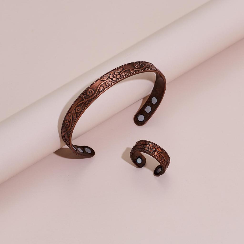Temu Plum Blossom Magnetic Bracelet & Vintage Flower Ring Set - Adjustable Antique Red Copper for Men & Women