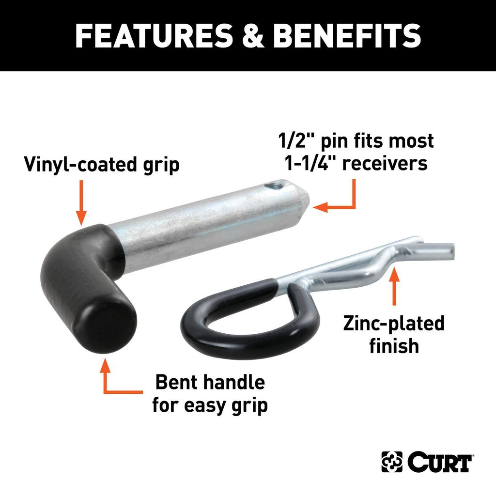 CURT 21410 Anhängerkupplungsstift & Clip mit vinylbeschichtetem Griff, Passend für 1/2" Durchmesser, 1-1/4" Empfänger, Klarzink