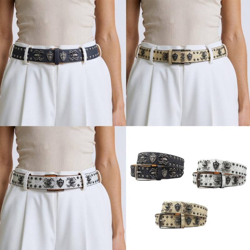Punk Style Women's Jeans Belt With Studded Spiders Charm Adjustable Waist Strap PU Leather