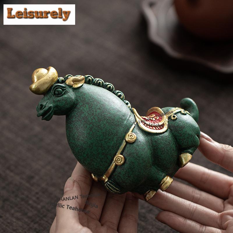 Green Sandstone Wealth-attracting Horses Tea Pet Aesthetic Tea Games Tea Figurine Play Toys Tea Statue Ornaments Cafes Supplies