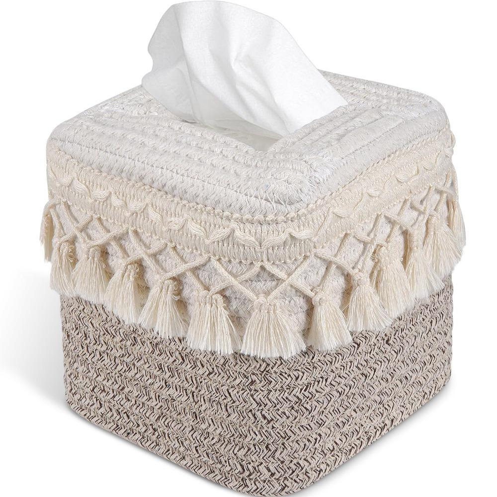 

Tassel Square Tissue Box Cover Hand-Woven Dustproof Tissue Box Holder Open-Bottom Design Minimalist Tissue Organizer Table Decor червоний
