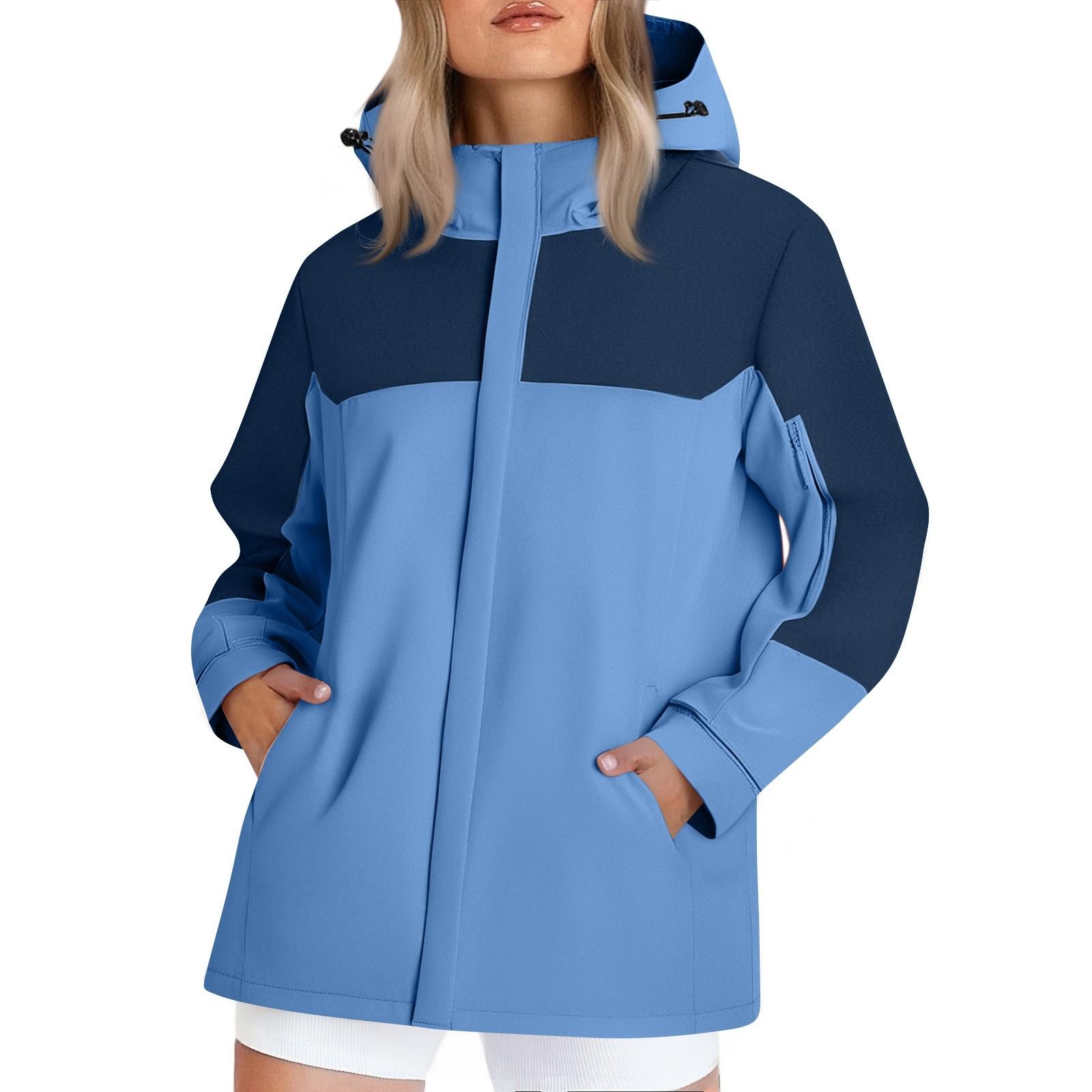 

Женская модная куртка для бега и спорта на открытом воздухе с длинными рукавами, капюшоном, тонкая, водонепроницаемая, с цветными блоками, куртка-субмашина L синий